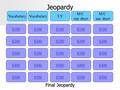 Jeopardy $100 Vocabulary T/F M/C use sheet M/C use sheet $200 $300 $400 $500 $400 $300 $200 $100 $500 $400 $300 $200 $100 $500 $400 $300 $200 $100 $500.