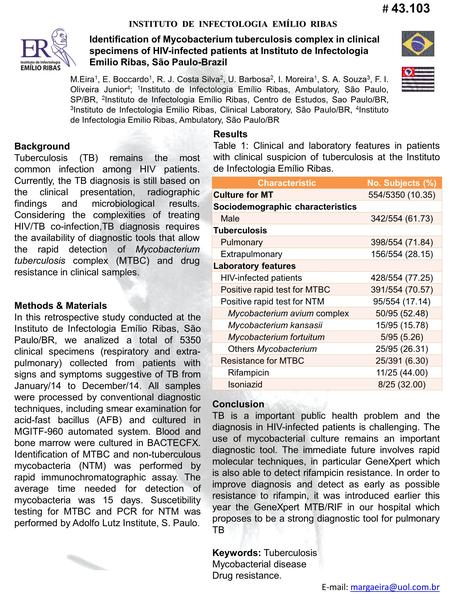 INSTITUTO DE INFECTOLOGIA EMÍLIO RIBAS Identification of Mycobacterium tuberculosis complex in clinical specimens of HIV-infected patients at Instituto.