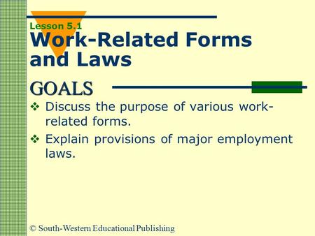 GOALS © South-Western Educational Publishing Lesson 5.1 Work-Related Forms and Laws  Discuss the purpose of various work- related forms.  Explain provisions.