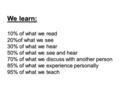 We learn: 10% of what we read 20%of what we see 30% of what we hear 50% of what we see and hear 70% of what we discuss with another person 85% of what.