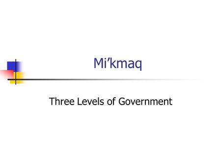 Mi’kmaq Three Levels of Government. Local Council Chief District Council Chief Grand Council Chief Powers Duties Geographic Constituency Leadership Characteristics.