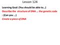 Lesson 124 Learning Goal: (You should be able to…) Describe the structure of DNA … the genetic code : (Can you …) Create a piece of DNA.