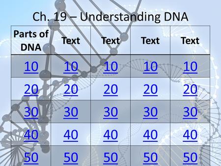 Ch. 19 – Understanding DNA Parts of DNA Text 10 20 30 40 50.