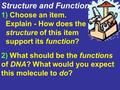 Structure and Function 1) Choose an item. Explain - How does the structure of this item support its function? 2) What should be the functions of DNA? What.