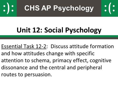 CHS AP Psychology Unit 12: Social Pyschology Essential Task 12-2: Discuss attitude formation and how attitudes change with specific attention to schema,