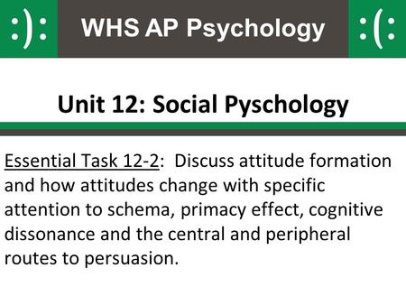 WHS AP Psychology Unit 12: Social Pyschology Essential Task 12-2: Discuss attitude formation and how attitudes change with specific attention to schema,