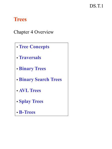 DS.T.1 Trees Chapter 4 Overview Tree Concepts Traversals Binary Trees Binary Search Trees AVL Trees Splay Trees B-Trees.