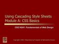 CSCI N241: Fundamentals of Web Design Copyright ©2004  Department of Computer & Information Science Using Cascading Style Sheets Module A: CSS Basics.