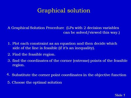 1 1 Slide Graphical solution A Graphical Solution Procedure (LPs with 2 decision variables can be solved/viewed this way.) 1. Plot each constraint as an.