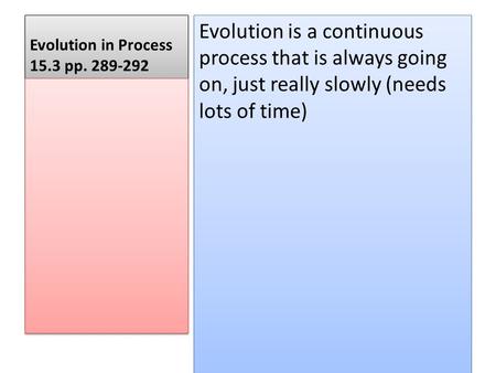 Evolution in Process 15.3 pp. 289-292 Evolution is a continuous process that is always going on, just really slowly (needs lots of time)