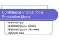 Confidence Interval for a Population Mean Estimating p Estimating  (  known) Estimating  (  unknown) Sample Size.