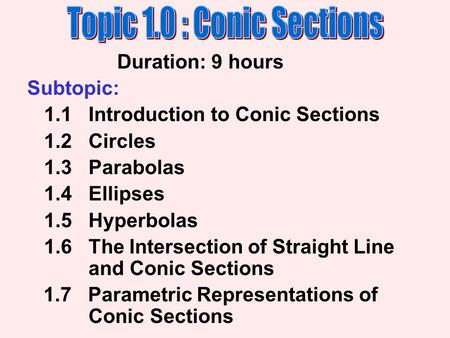 Duration: 9 hours Subtopic: 1.1 Introduction to Conic Sections 1.2 Circles 1.3 Parabolas 1.4 Ellipses 1.5 Hyperbolas 1.6 The Intersection of Straight Line.