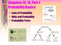 Chapters 13, 14, Part 1 Probability Basics Laws of Probability Odds and Probability Probability Trees.