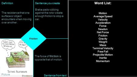 Friction Definition The resistance that one surface or object encounters when moving over another. Picture Word List: Motion Average Speed Velocity Acceleration.