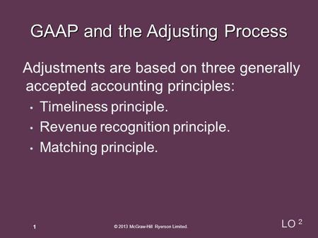 Adjustments are based on three generally accepted accounting principles: Timeliness principle. Revenue recognition principle. Matching principle. GAAP.