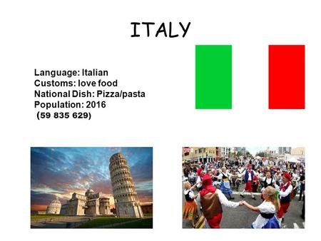 ITALY Language: Italian Customs: love food National Dish: Pizza/pasta