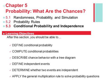 + Chapter 5 Probability: What Are the Chances? 5.1Randomness, Probability, and Simulation 5.2Probability Rules 5.3Conditional Probability and Independence.