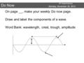 8 th Grade Science Do Now Monday, November 26, 2012 On page __, make your weekly Do now page. Draw and label the components of a wave. Word Bank: wavelength,