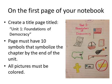 On the first page of your notebook Create a title page titled: “Unit 1: Foundations of Democracy” Page must have 10 symbols that symbolize the chapter.