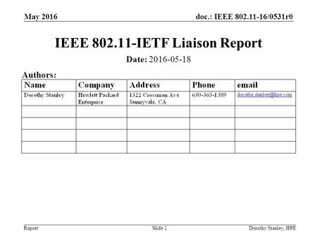 Doc.: IEEE 802.11-16/0531r0 Report May 2016 Dorothy Stanley, HPESlide 1 IEEE 802.11-IETF Liaison Report Date: 2016-05-18 Authors: