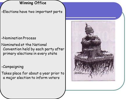 Winning Office -Elections have two important parts -Nomination Process Nominated at the National Convention held by each party after primary elections.