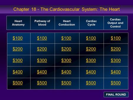 Chapter 18 - The Cardiovascular System: The Heart $100 $200 $300 $400 $500 $100$100$100 $200 $300 $400 $500 Heart Anatomy Pathway of blood Heart Conduction.