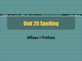 Unit 20 Spelling Affixes = Prefixes Prefix One: “a-” Definition: on or onto He set the paper afire.The boats went ashore.