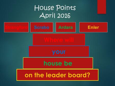 House Points April 2016 house be on the leader board? your Where will StrangfordScraboArdaraEnler.