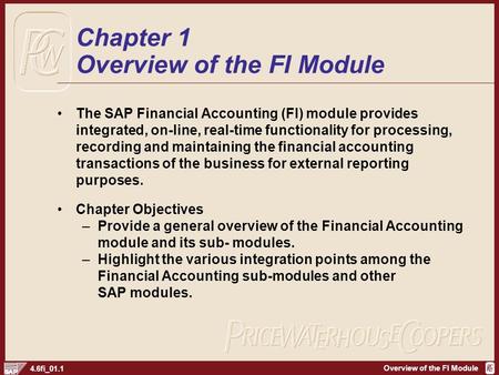 Overview of the FI Module 4.6fi_01.1 Chapter 1 Overview of the FI Module The SAP Financial Accounting (FI) module provides integrated, on-line, real-time.