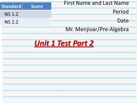 Unit 1 Test Part 2 First Name and Last Name Period Date Mr. Menjivar/Pre-Algebra StandardScore NS 1.2 NS 2.2.