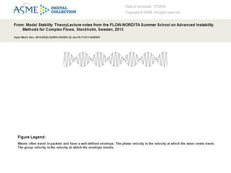 Date of download: 7/7/2016 Copyright © ASME. All rights reserved. From: Modal Stability TheoryLecture notes from the FLOW-NORDITA Summer School on Advanced.