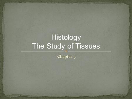 Chapter 5 Histology The Study of Tissues. Cells are arranged in tissues that perform specialized structural and functional roles Four Major Types of Tissue: