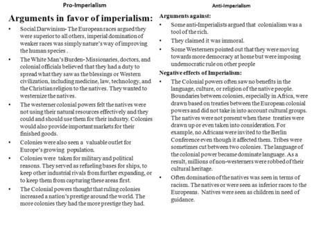 Pro-Imperialism Arguments in favor of imperialism: Social Darwinism- The European races argued they were superior to all others, imperial domination of.