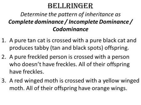 BELLRINGER Determine the pattern of inheritance as Complete dominance / Incomplete Dominance / Codominance 1.A pure tan cat is crossed with a pure black.