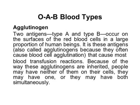 O-A-B Blood Types Agglutinogen