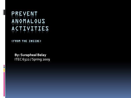 By: Surapheal Belay ITEC 6322 / Spring 2009. ABSTRACT NIST 800-94, guide to intrusion detection and prevention systems (IDPS), discusses four types of.