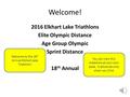 Welcome! 2016 Elkhart Lake Triathlons Elite Olympic Distance Age Group Olympic Sprint Distance 18 th Annual Welcome to the 18 th Annual Elkhart Lake Triathlon!