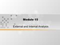 Module 15 External and Internal Analysis. SWOT! Short, simple and sweet. “Doing your SWOT analysis” is part and parcel of being a marketer and creating.