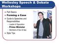 Wellesley Speech & Debate Workshops Parli Basics Forming a Case Guide to Speeches and Responsibilities Leader of Opposition Prime Minister Members of.