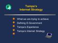 Tampa’s Internet Strategy What we are trying to achieve Defining E-Government Tampa’s Experience Tampa’s Internet Strategy.