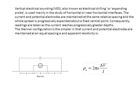 Vertical electrical sounding (VES), also known as‘electrical drilling’ or ‘expanding probe’, is used mainly in the study of horizontal or near-horizontal.