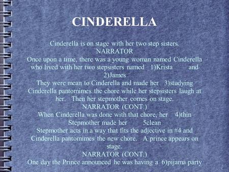 CINDERELLA Cinderella is on stage with her two step sisters. NARRATOR Once upon a time, there was a young woman named Cinderella who lived with her two.