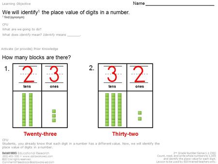 2 nd Grade Number Sense 1.1 (3Q) Count, read, and write whole numbers to 1,000 and identify the place value for each digit. Lesson to be used by EDI-trained.