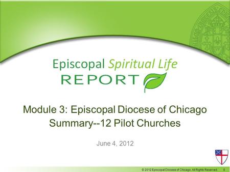 © 2012 Episcopal Diocese of Chicago. All Rights Reserved. 0 Module 3: Episcopal Diocese of Chicago Summary--12 Pilot Churches June 4, 2012.