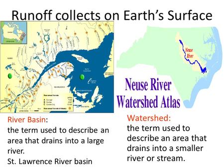 Runoff collects on Earth’s Surface River Basin: the term used to describe an area that drains into a large river. St. Lawrence River basin Watershed: