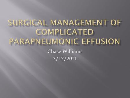 Chase Williams 3/17/2011.  4 YO M admitted with 5 day h/o Fever (104.7), cough, and chest pain  PMH: reflux with oral eversion; G-Tube dependent  WBC.