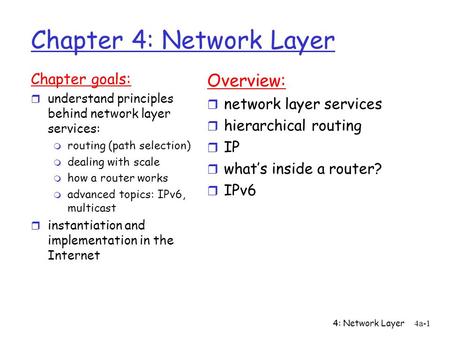 4: Network Layer4a-1 Chapter 4: Network Layer Chapter goals: r understand principles behind network layer services: m routing (path selection) m dealing.