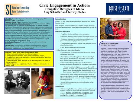 Civic Engagement in Action : Congolese Refugees in Idaho Amy Schaeffer and Jeremy Blades COUN 507: Career Development and Vocational Counseling, Spring.