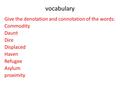 Vocabulary Give the denotation and connotation of the words: Commodity Daunt Dire Displaced Haven Refugee Asylum proximity.