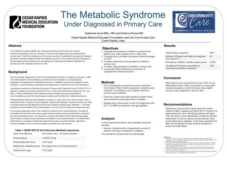 Abstract The metabolic syndrome (MetS) has surpassed smoking as the number one cause of cardiovascular deaths in the US. However, it remains under diagnosed.